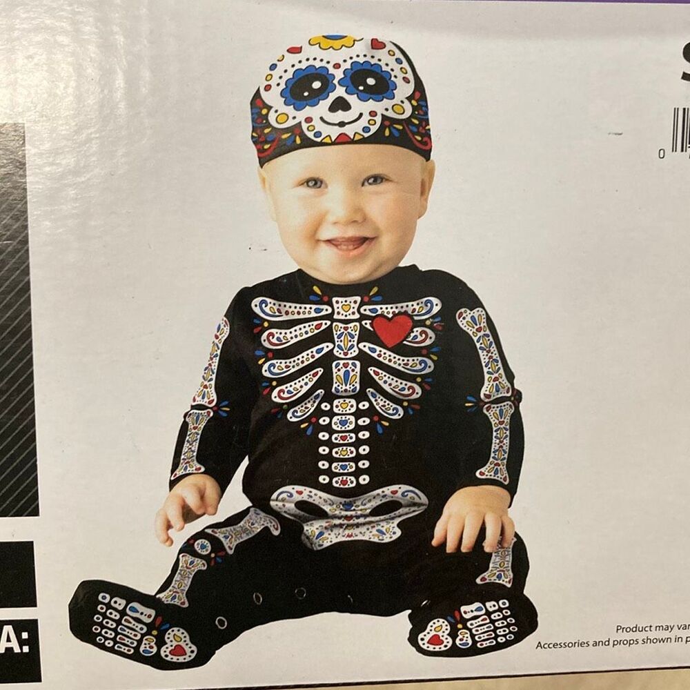 Baby Sugar Skull Halloween Costume 6-12 Months Jumpsuit & Cap